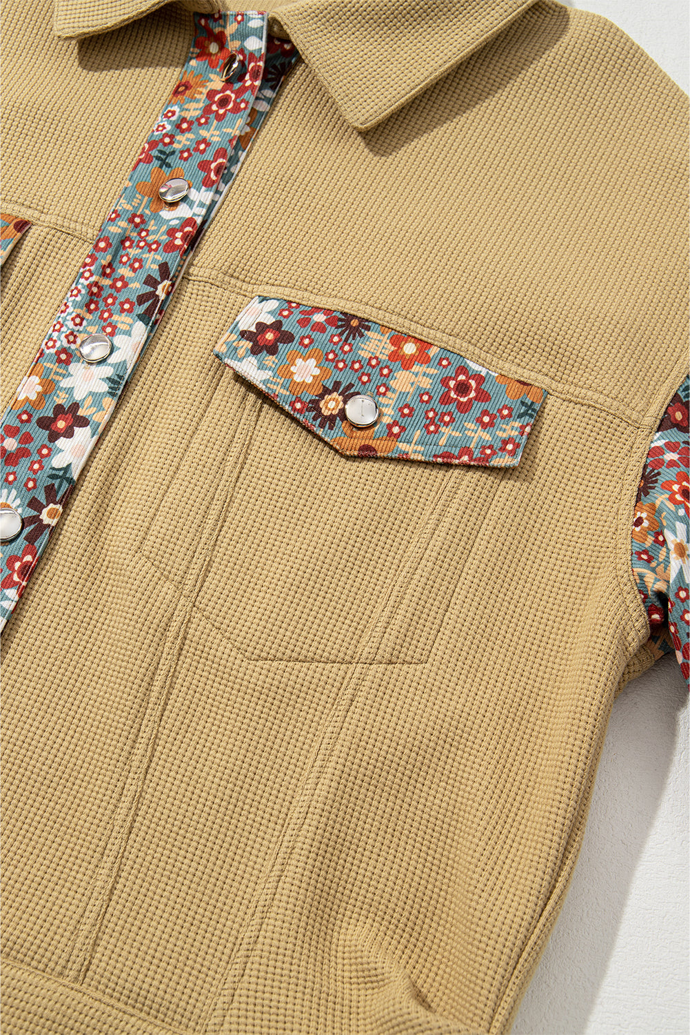 Waffle Knit Floral Print Patchwork Button up Jacket