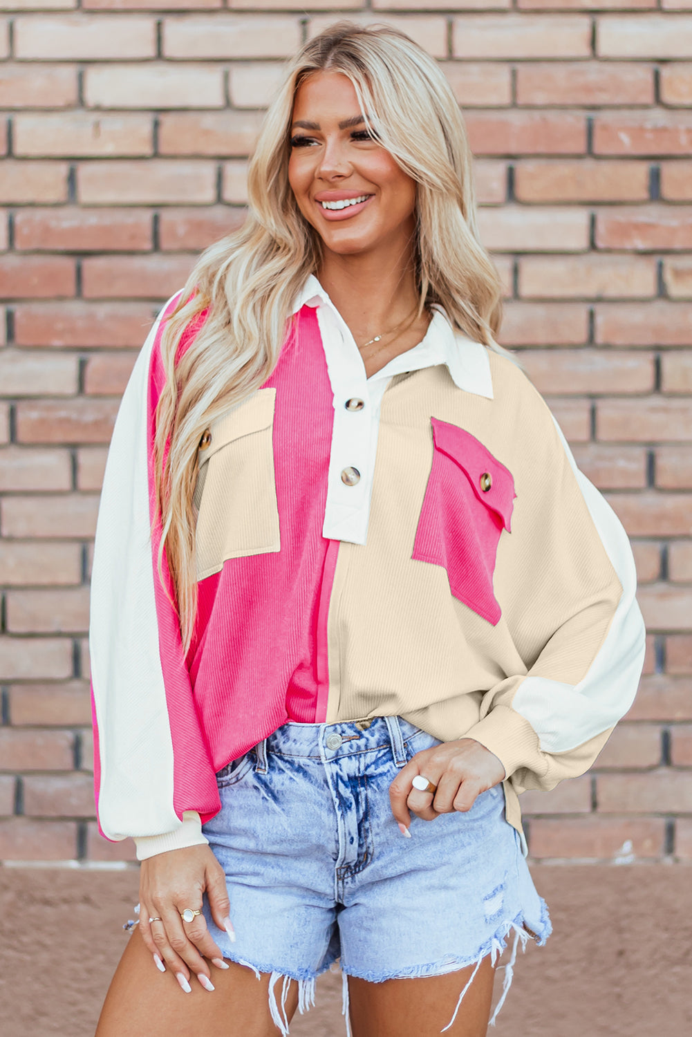 Beautiful Colorblock Ribbed Collared Oversized Sweatshirt