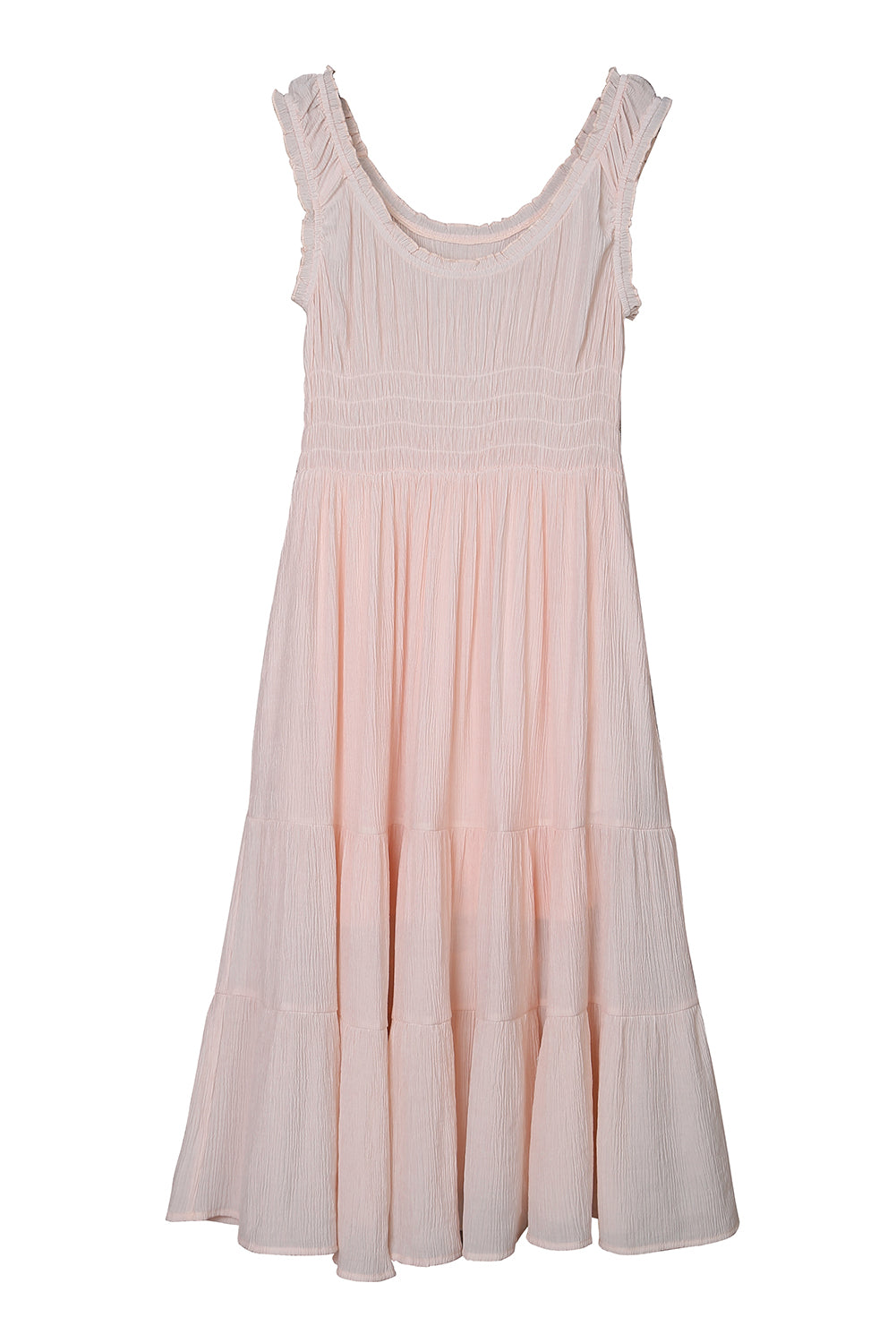 Apricot Smocked Ruched Sleeveless High Waist Midi Dress