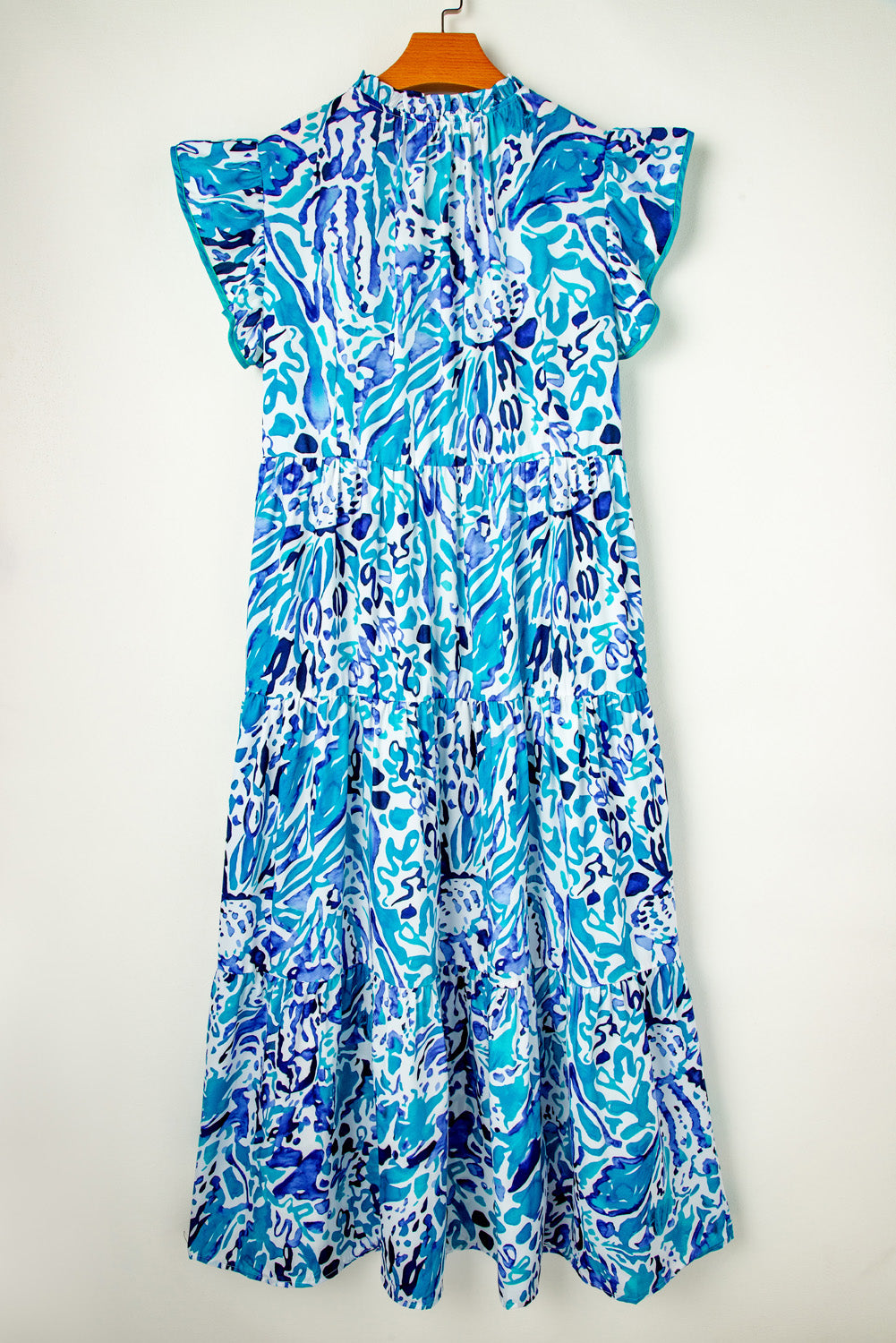 Plus Size Abstract Print Split Neck Ruffled Sleeve Tiered Long Dress