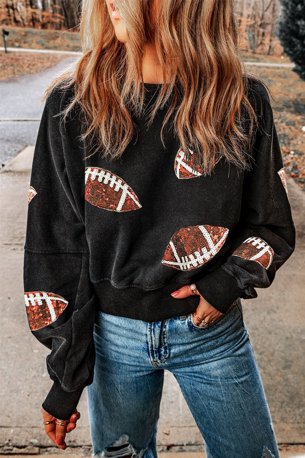 Black Sequined Football Graphic Open Back Sweatshirt