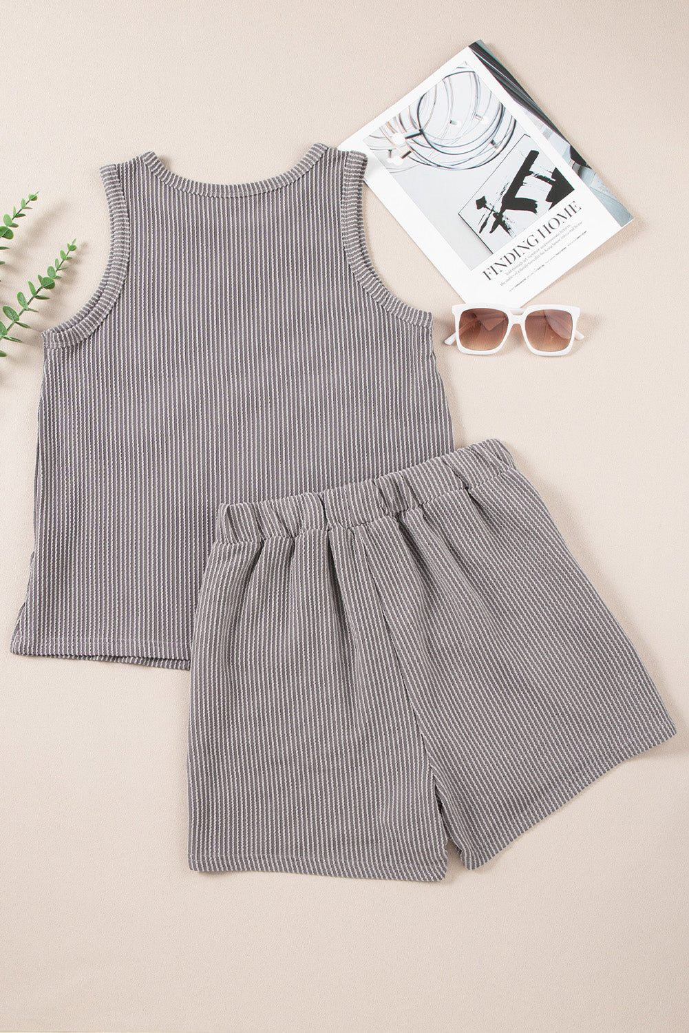 Medium Grey Corded Sleeveless Top and Pocketed Shorts Set