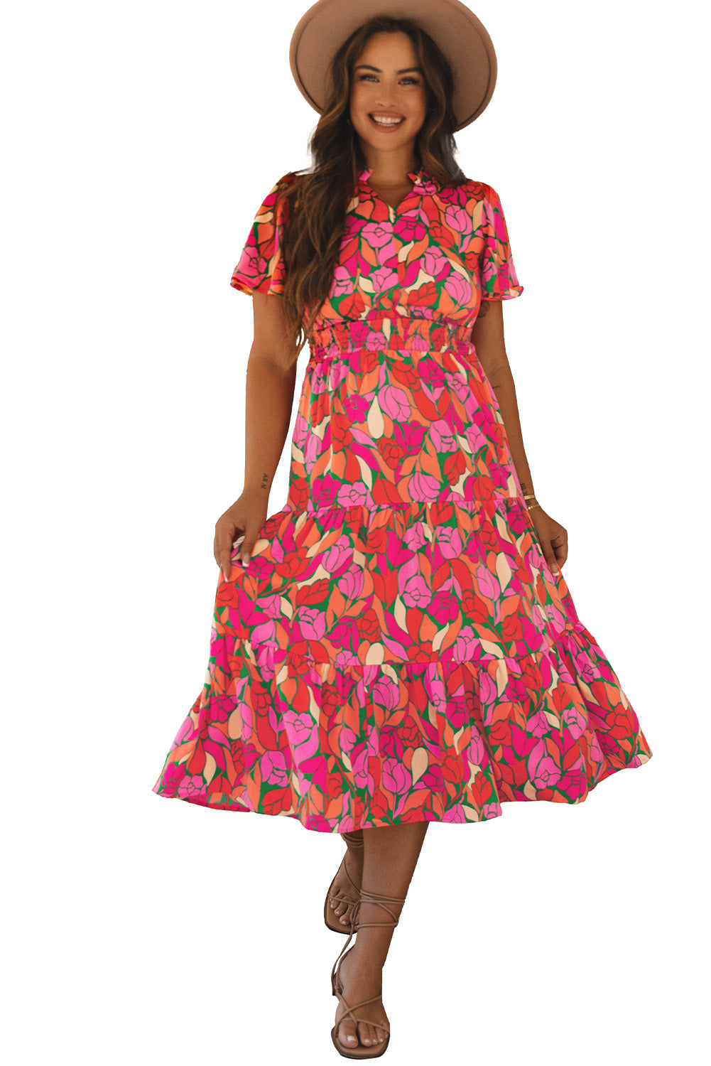 Pink Floral Short Sleeve Smocked Waist Maxi Dress