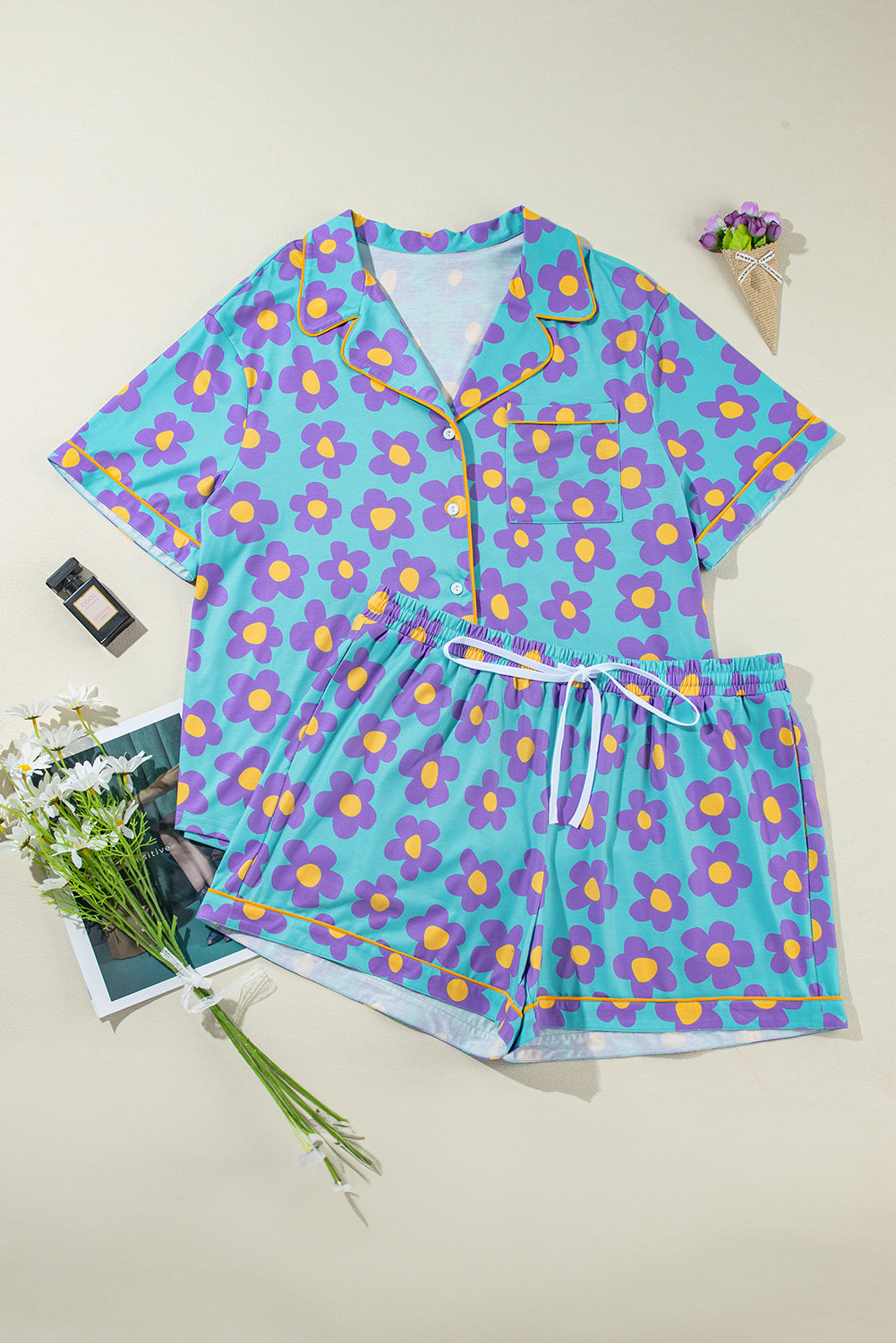 Sky Blue Cute Flower Print Contrast Trim Plus Size Short Pajama Set