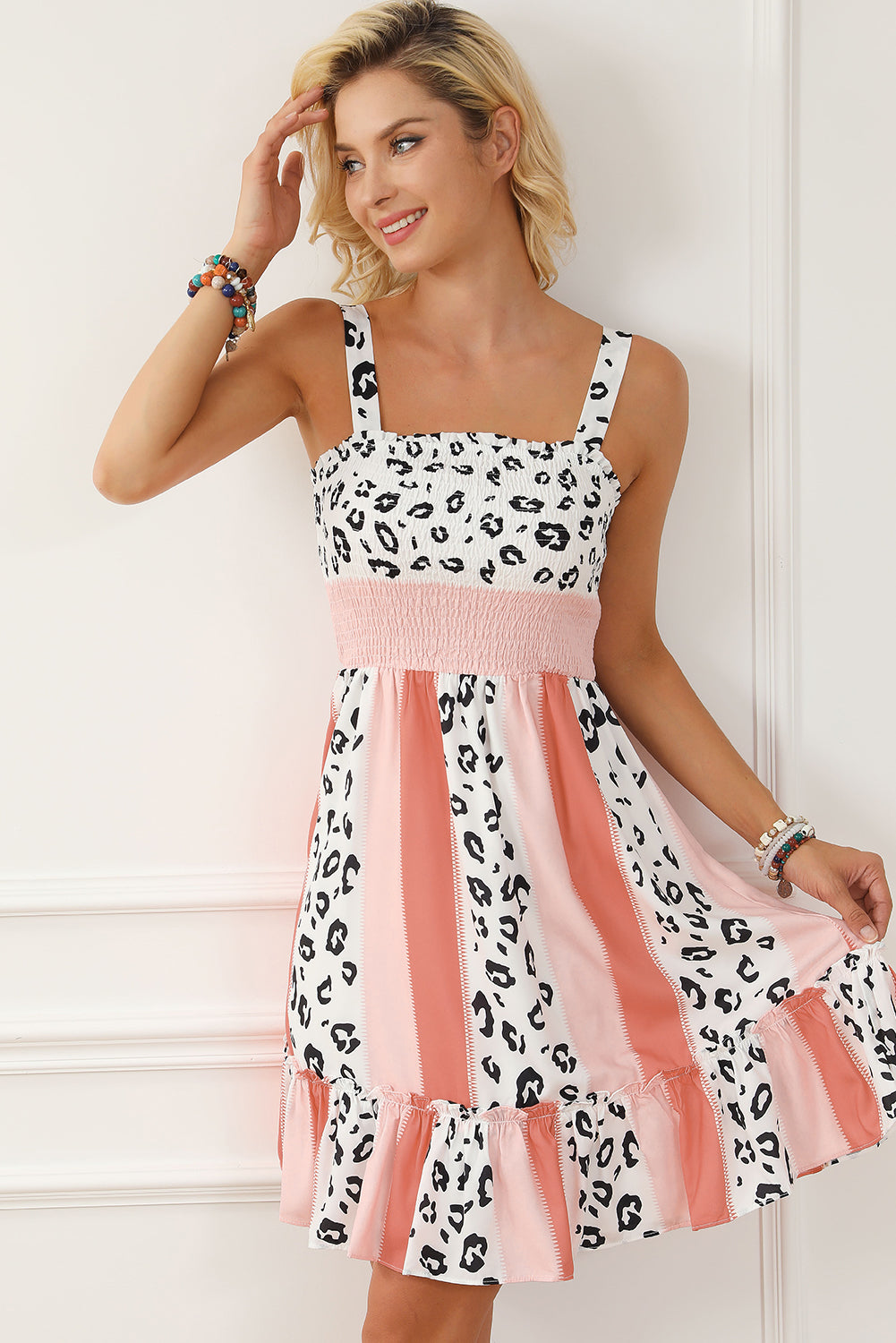 Orange Leopard Color Block Sleeveless Smocked Fit Flare Dress