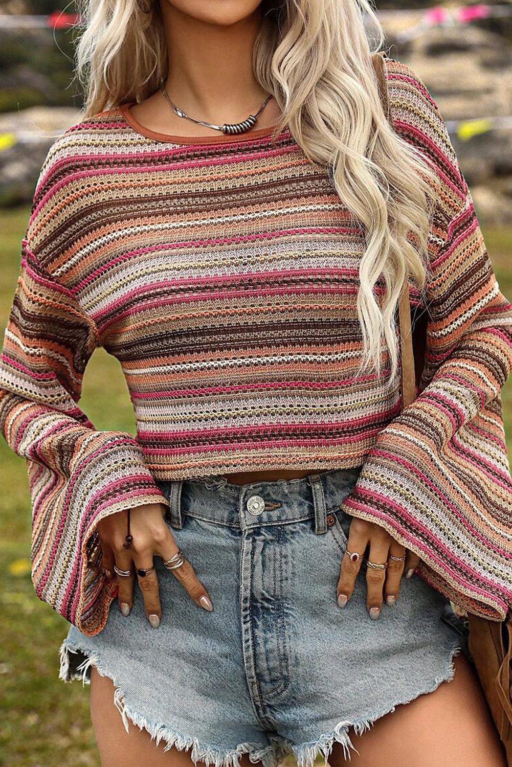 Ethnic Striped Wide Cropped Long Sleeve Top