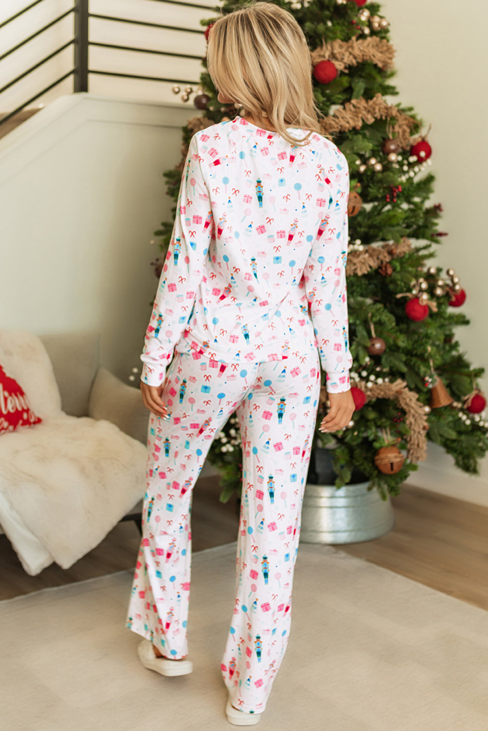 Christmas Pattern Long Sleeve Top and Wide Leg Pants Set