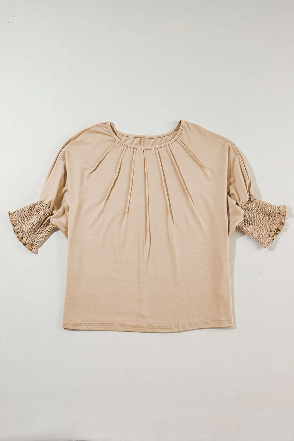 Apricot Plain Pleated Shirred Cuff Half Sleeve Top