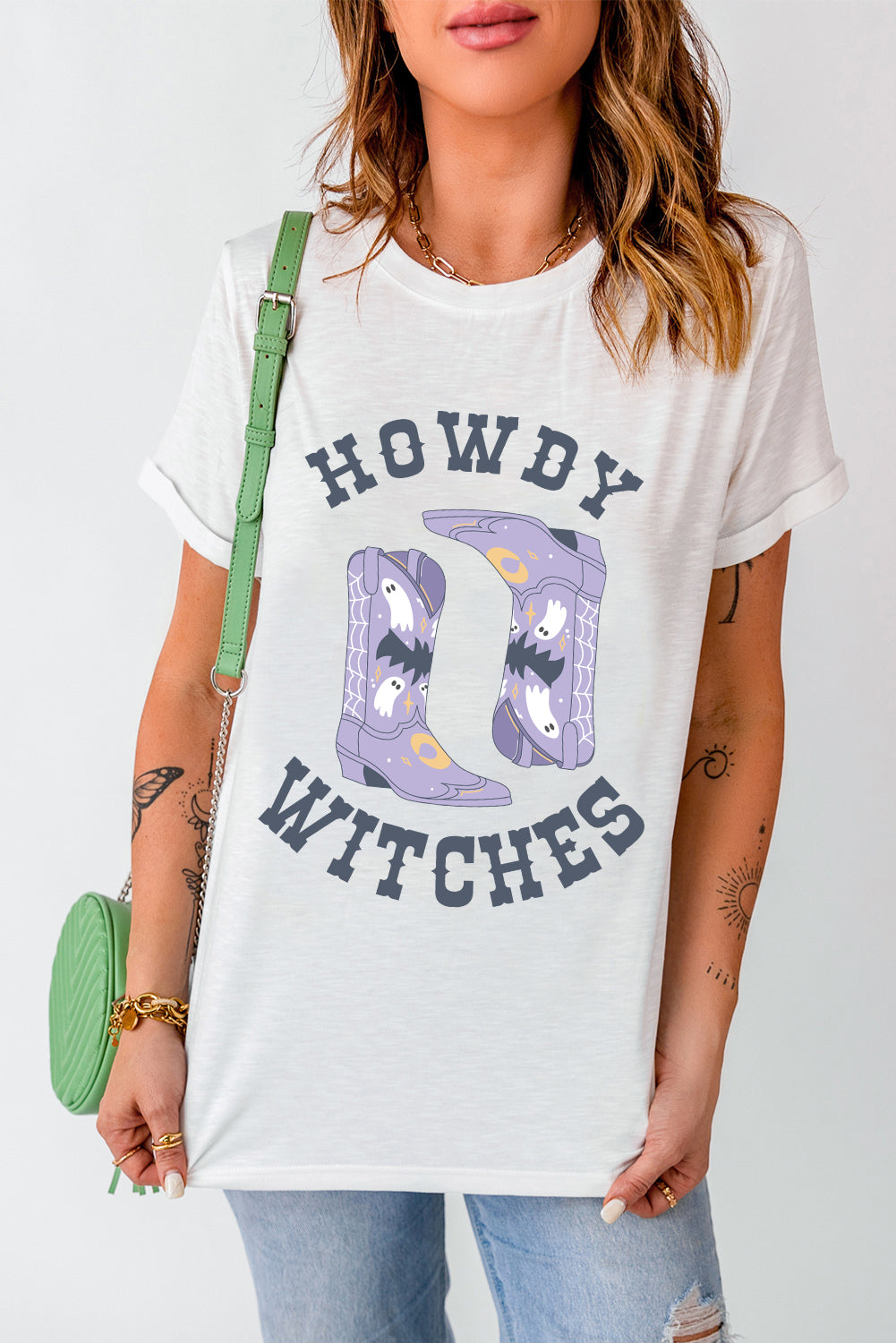 White HOWDY WITCHES Halloween Boots Crewneck T Shirt