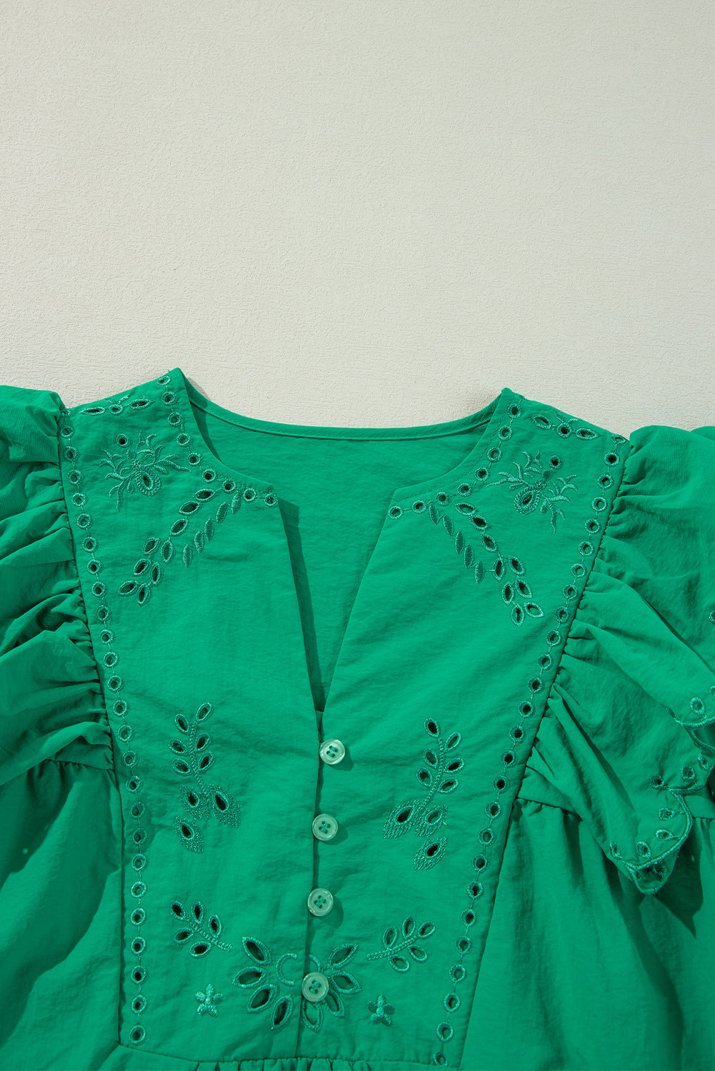 Bright Green Embroidered Ruffled Trim 3/4 Sleeve V Neck Mini Dress