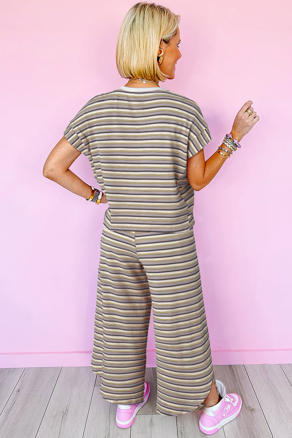 Stripe Tee Tasseled String Wide Leg Pants Set