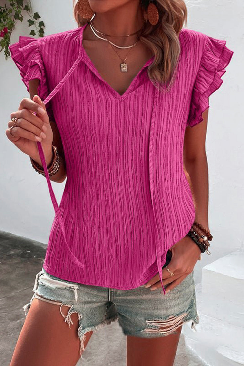 Textured Ruffled Sleeve V Neck Top