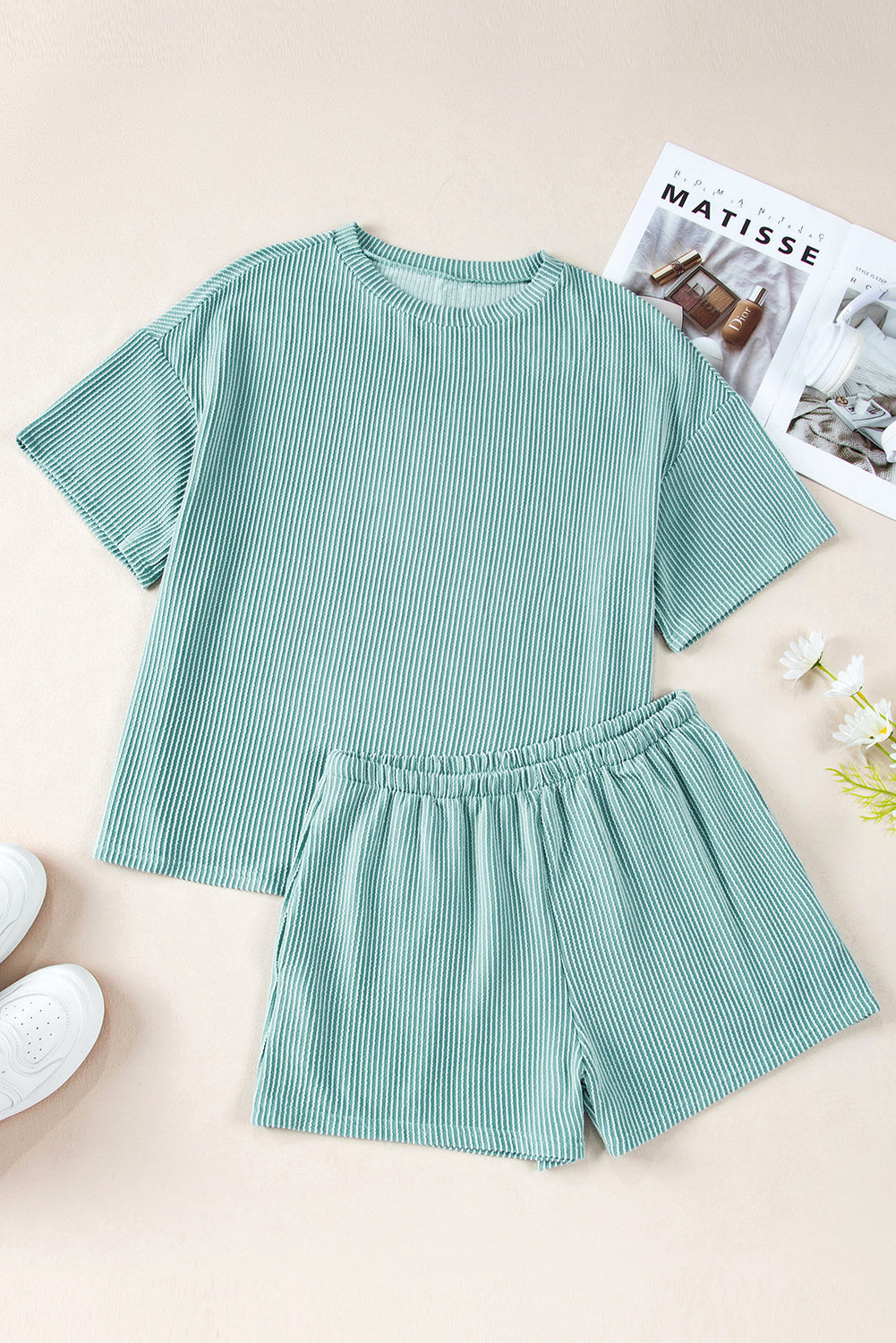 Ribbed Textured Knit Loose Fit Tee and Shorts Set