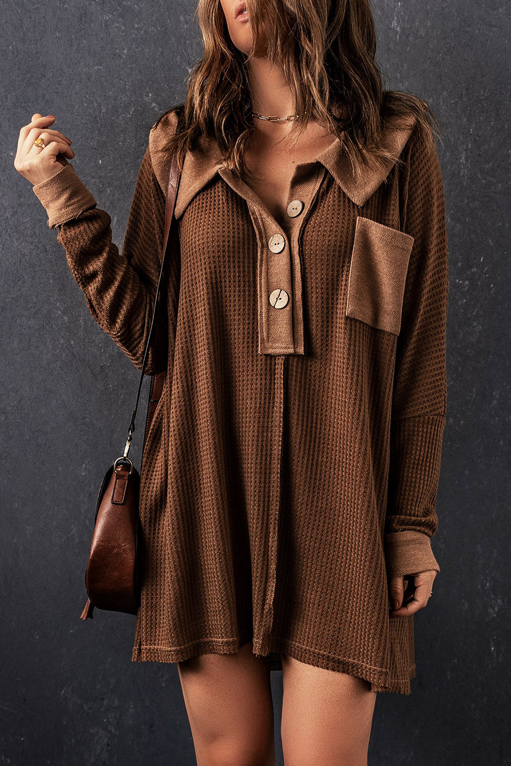 Waffle Knit Buttoned Long Sleeve Top