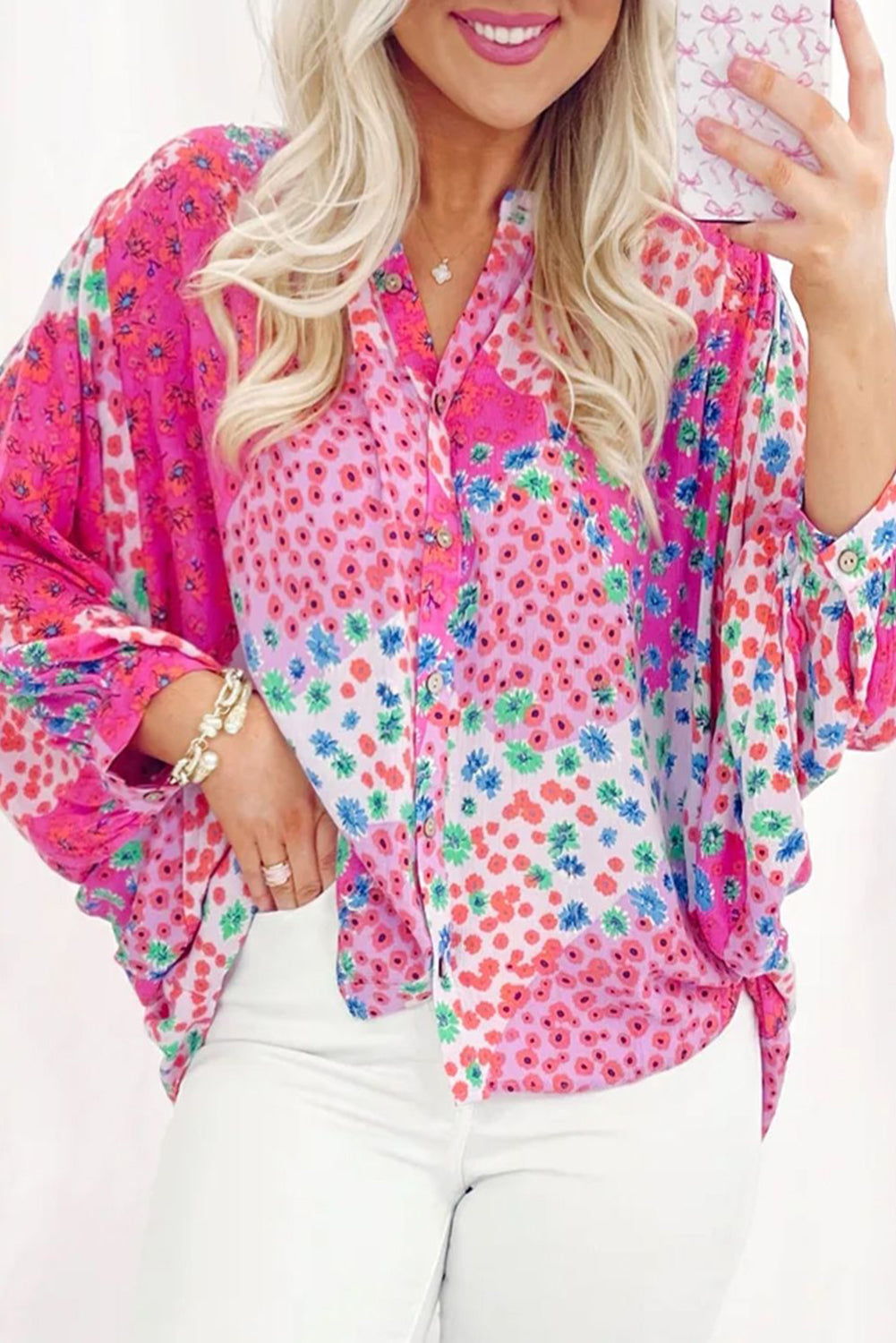 Floral Allover Print Buttoned V Neck Oversized Shirt