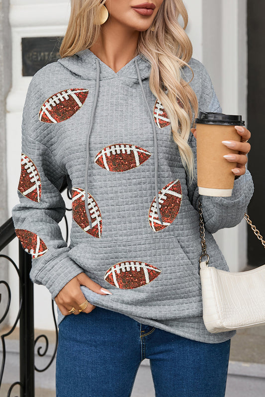 Gray Sequin Football Waffle Knit Kangaroo Pocket Loose Hoodie