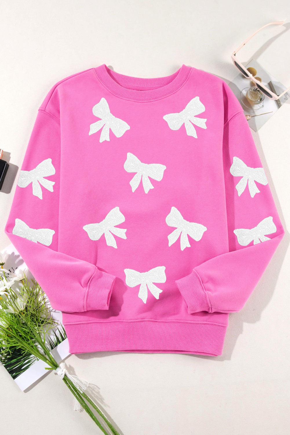 Sequin Bowknot Graphic Drop Shoulder Pullover Sweatshirt