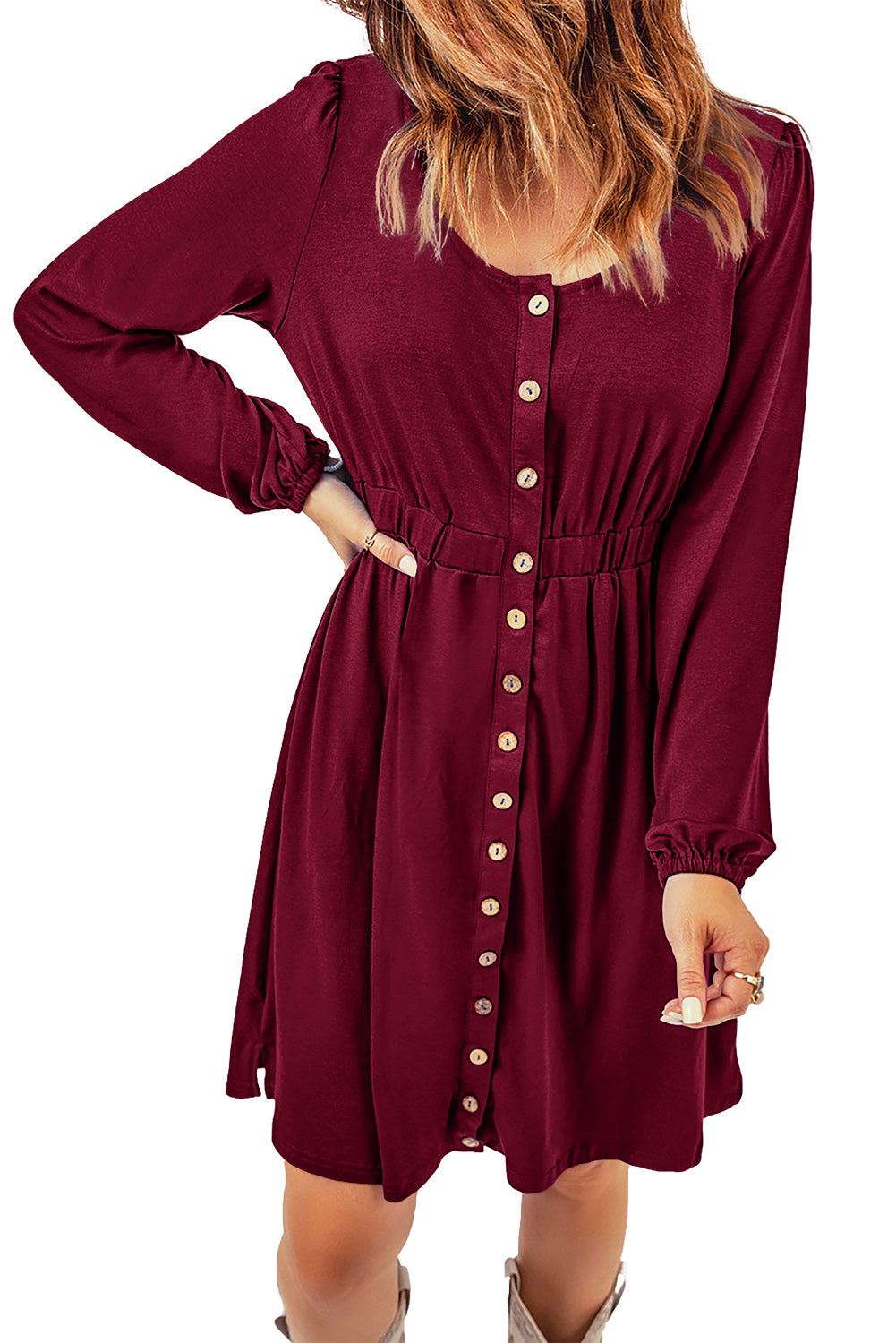 Green Button Up High Waist Long Sleeve Dress