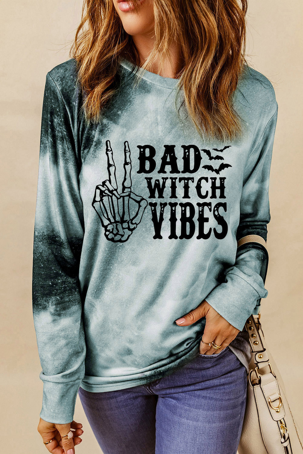 Gray Tie Dye BAD WITCH VIBES Graphic Long Sleeve Top