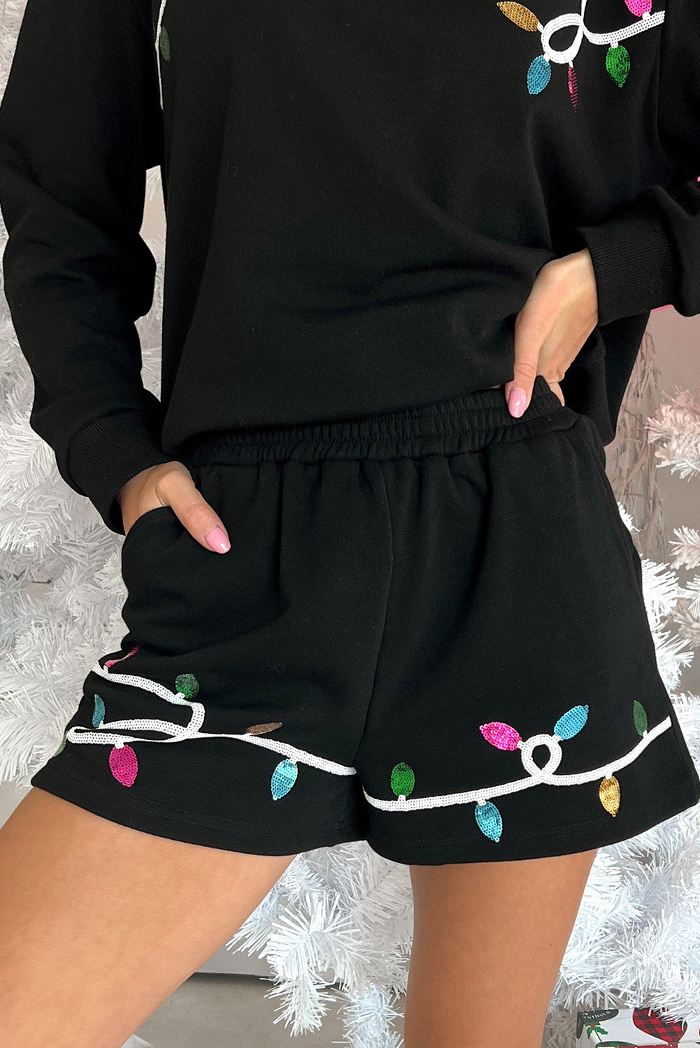 Sequin Merry Graphic Pullover and Shorts Outfit