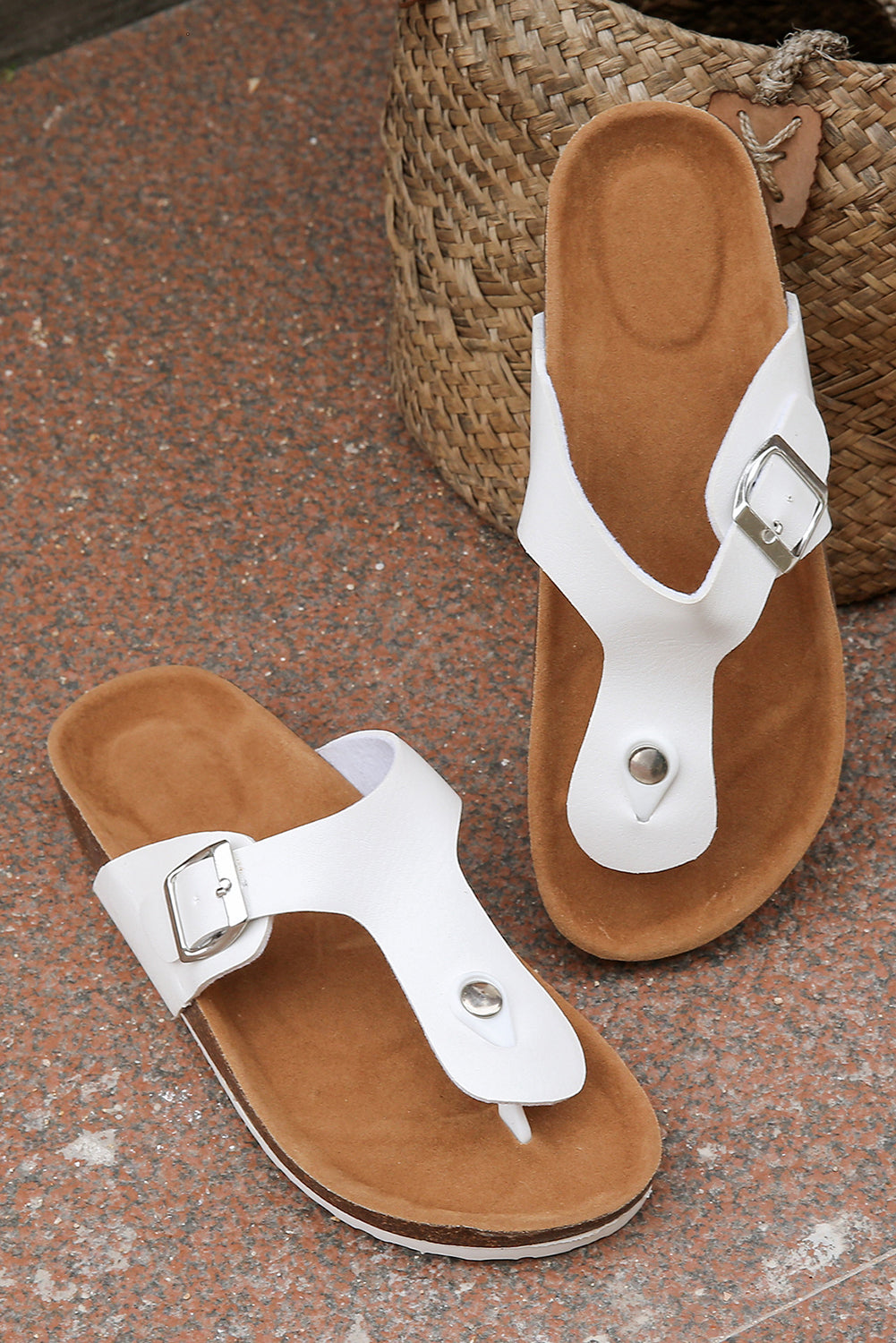 Black Vintage Buckle PU Leather Thong Sandals