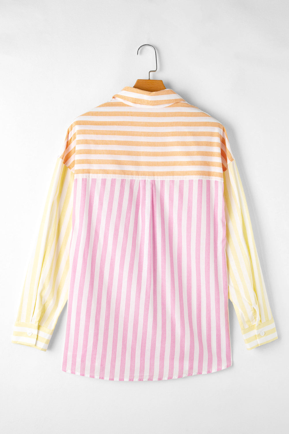 Pink Stripe Contrast Collar Long Sleeve Patchwork Shirt