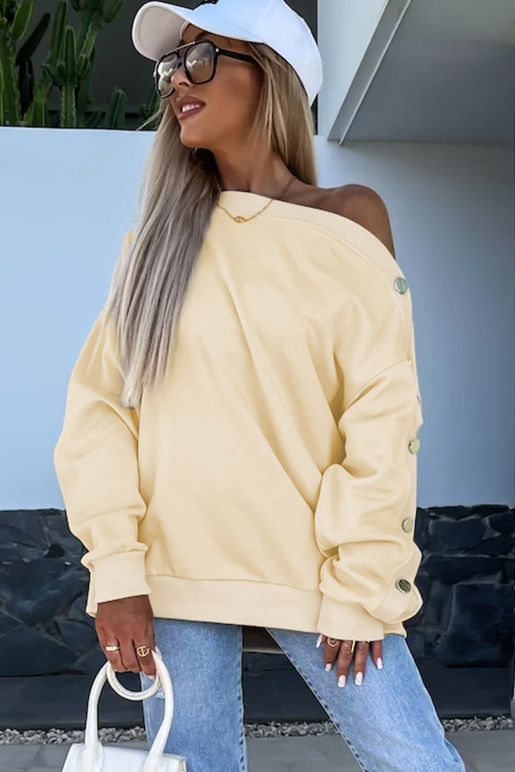 Beige Buttoned Sleeve Drop Shoulder Sweatshirt