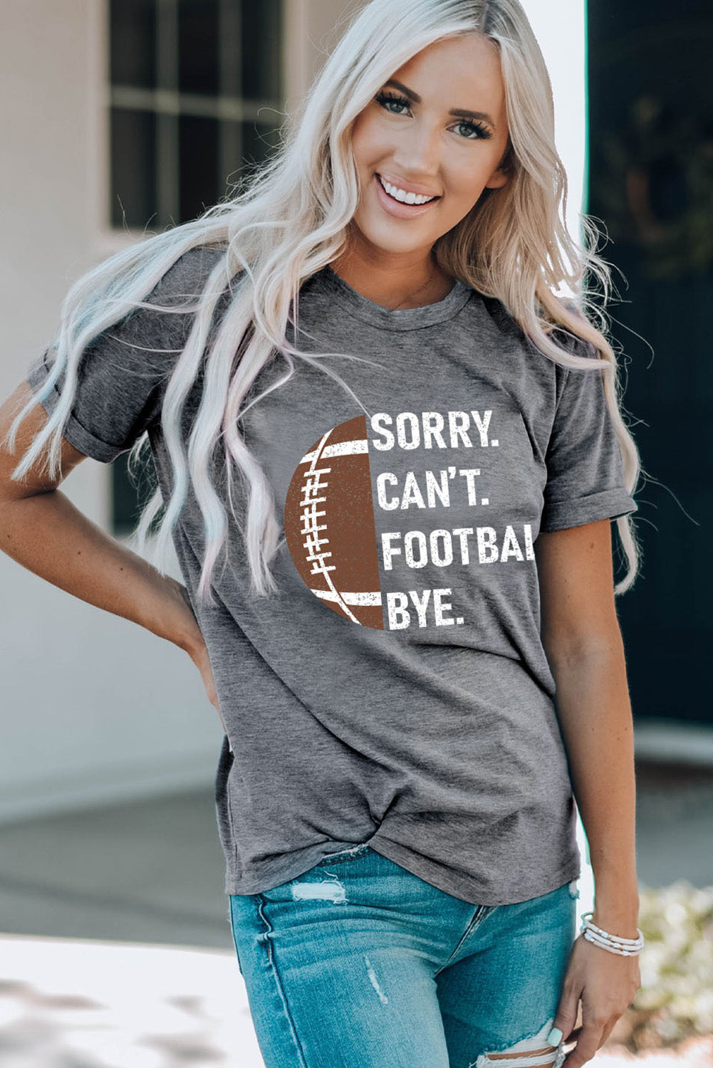 Gray American Football Graphic Casual T Shirt