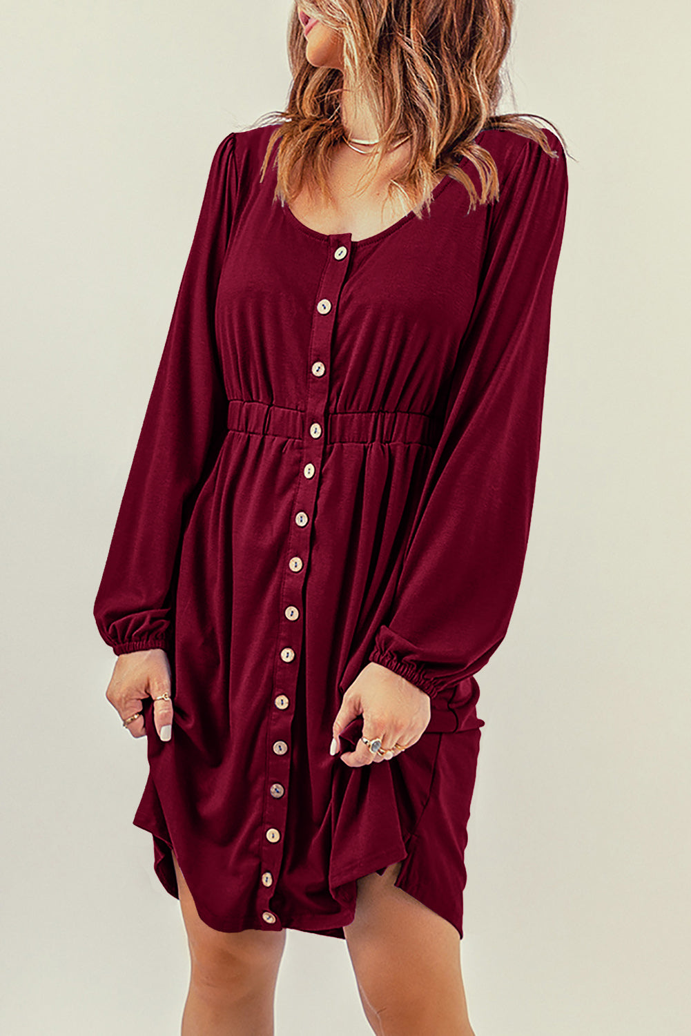 Green Button Up High Waist Long Sleeve Dress