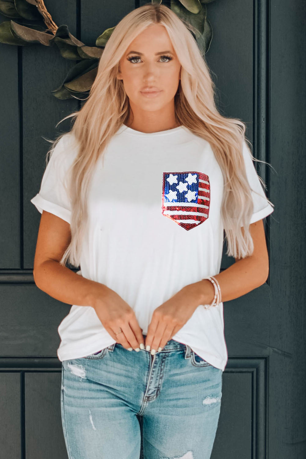 White American Flag Sequin Pocket Patched T Shirt