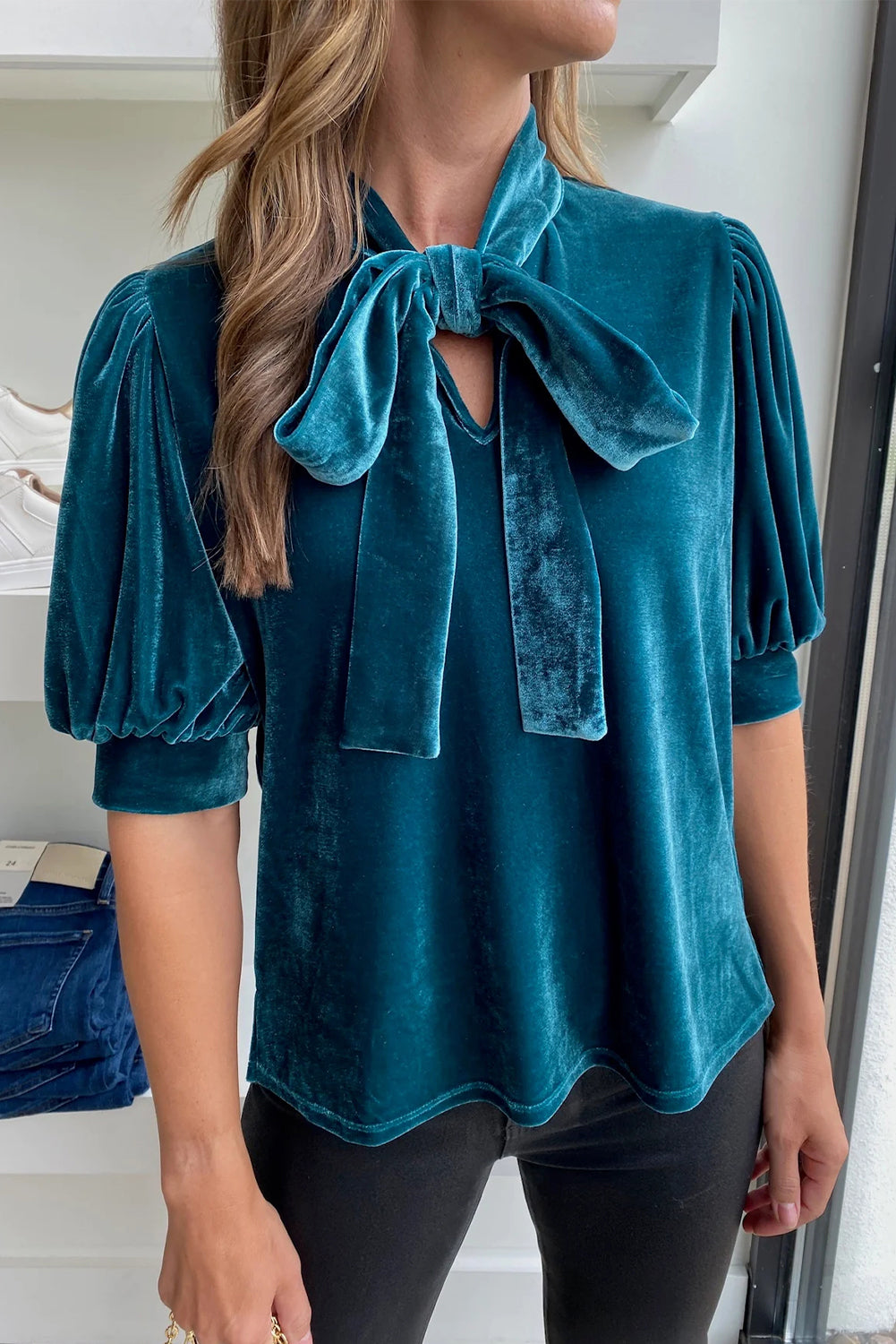 Velvet Bow Tie Neck Short Sleeve Top