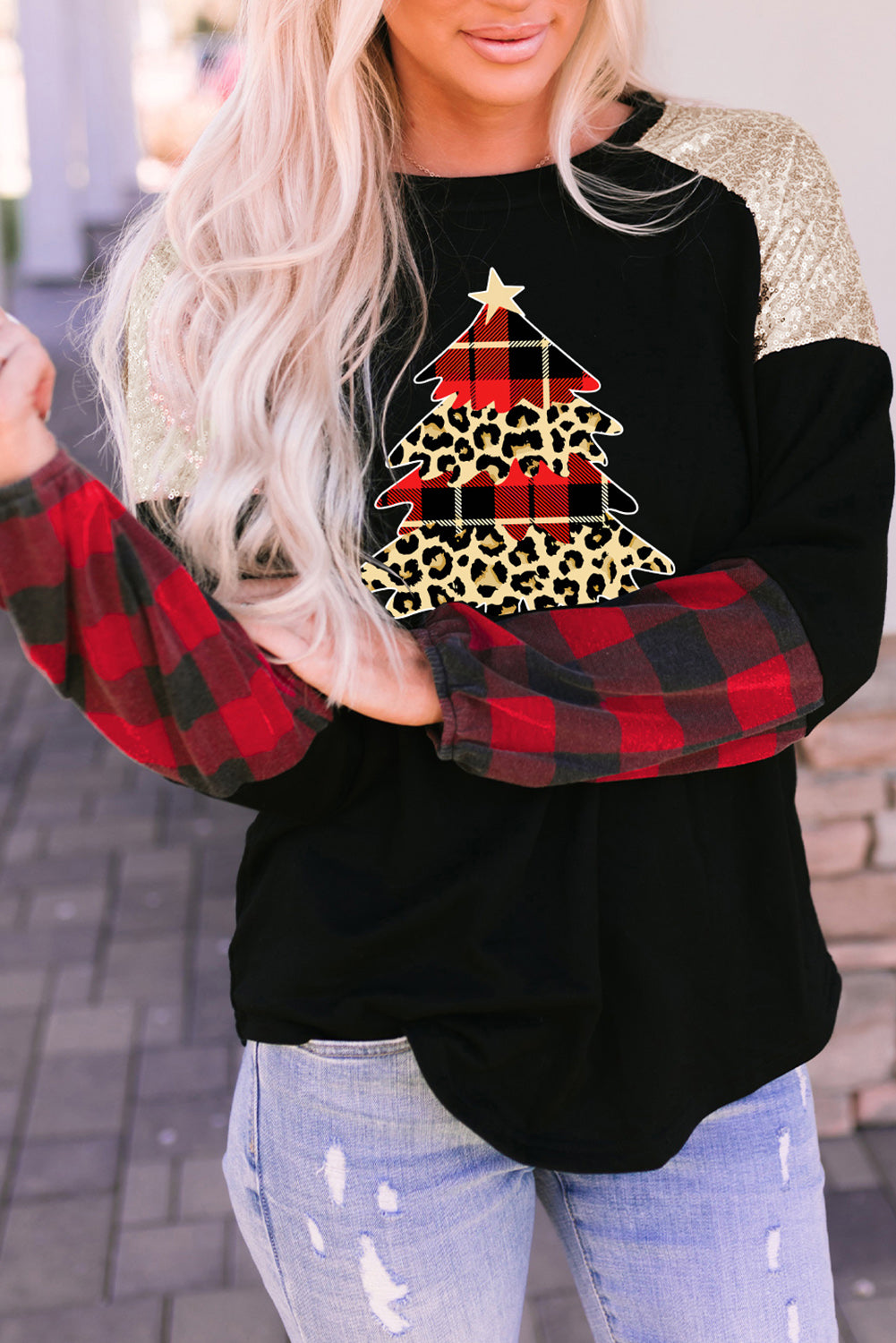 Christmas Tree Plaid Print Sequin Patch T Shirt