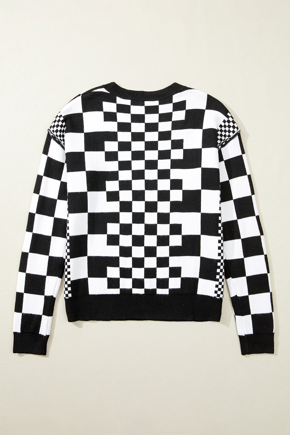 Checkered Print Drop Shoulder Round Neck Sweater