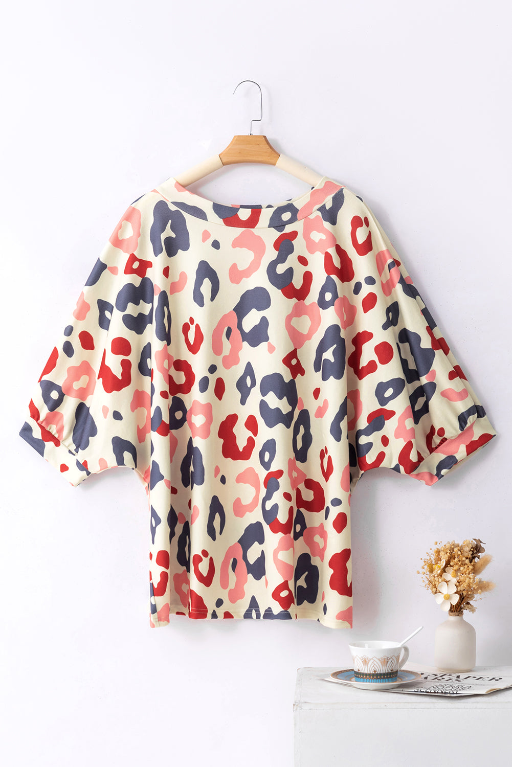 White Colorful Leopard Print Batwing Sleeve Plus Blouse