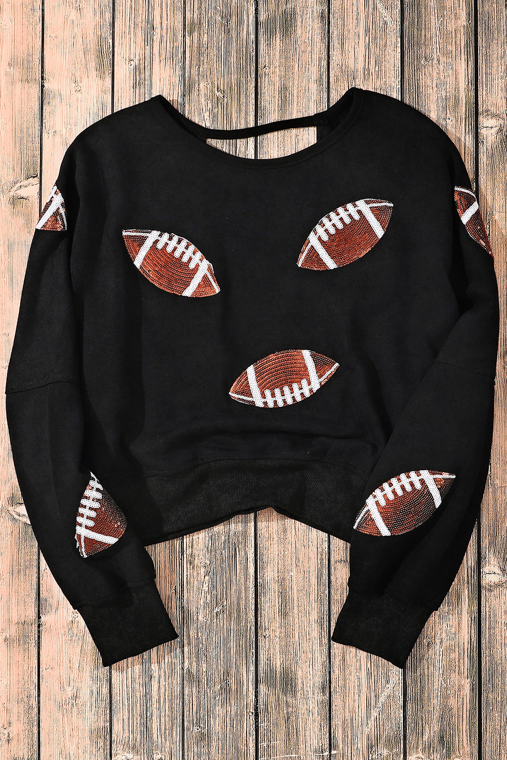 Black Sequined Football Graphic Open Back Sweatshirt