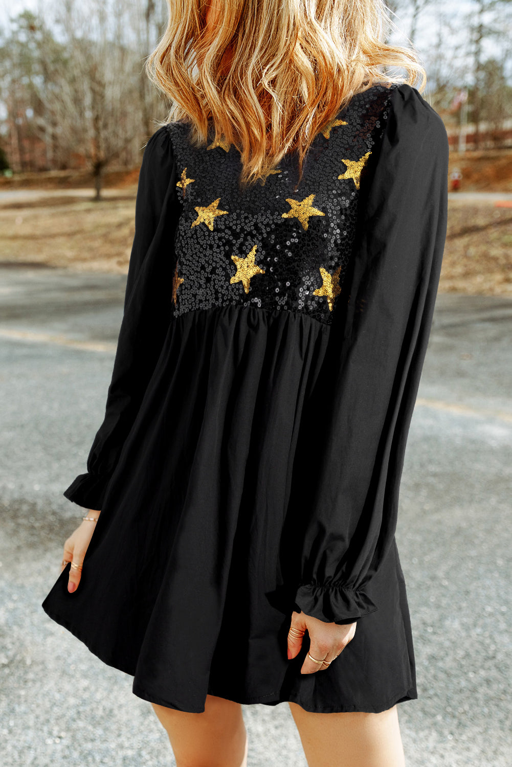 Sequined Stars Flounce Sleeve Ruffled Babydoll Dress