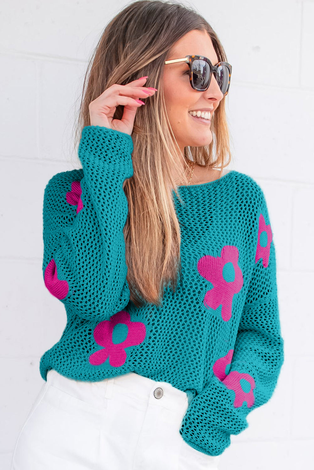 Flower Hollowed Knit Drop Shoulder Sweater