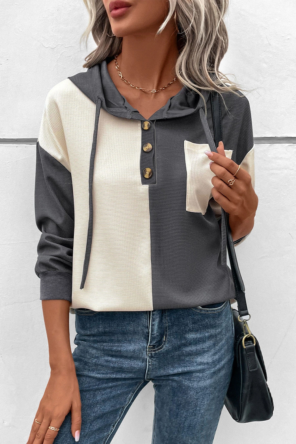 Waffle Colorblock Buttons Placket Drop Shoulder Drawstring Hoodie