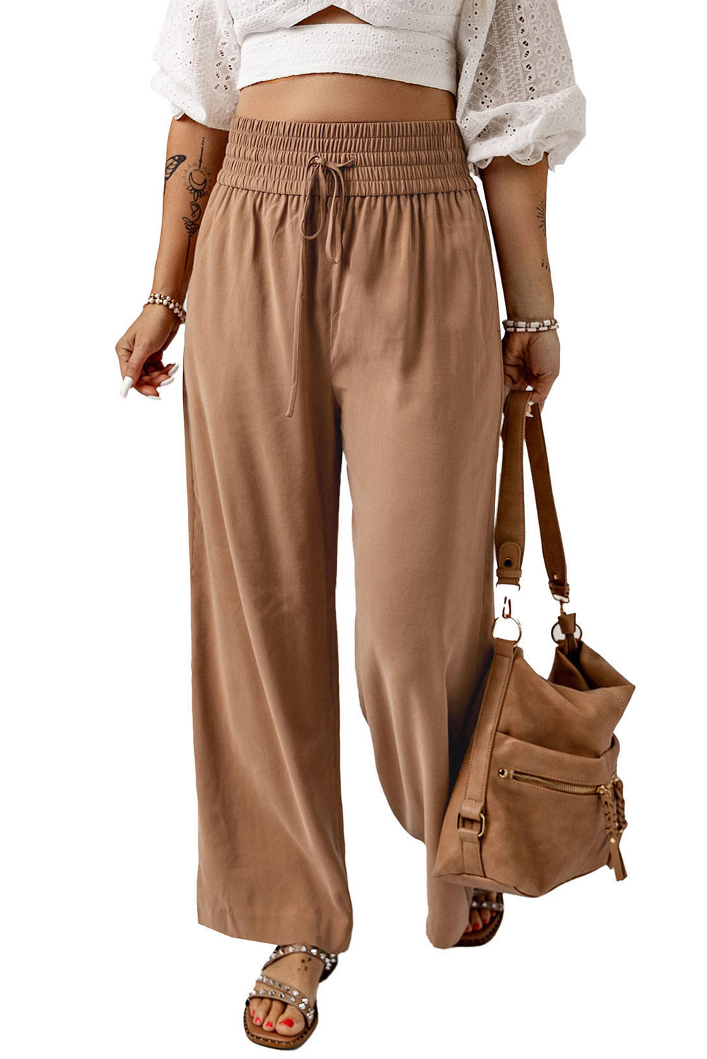 Green Brown Drawstring Elastic Waist Casual Wide Leg Pants