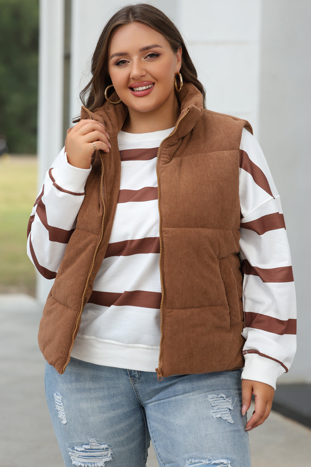 Corduroy Stand Neck Zipped Puffer Vest