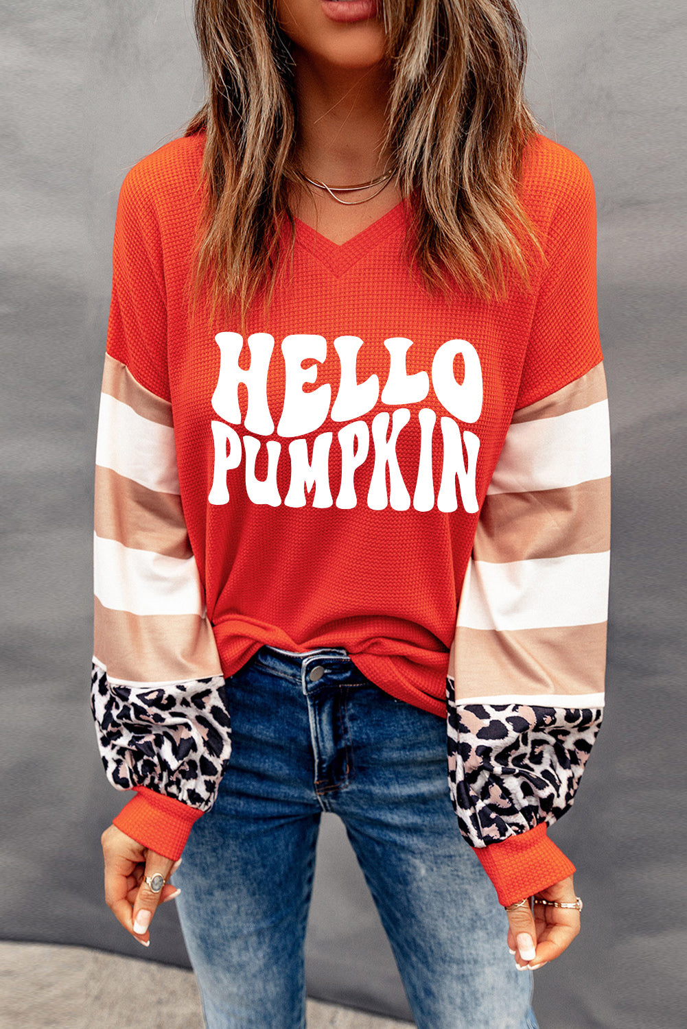 Pumpkin Graphic Leopard Striped Colorblock Sleeve V Neck Top