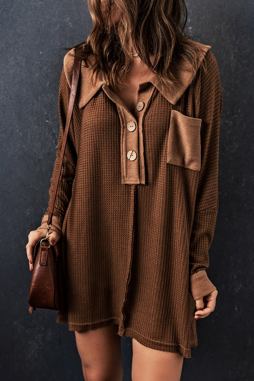 Waffle Knit Buttoned Long Sleeve Top