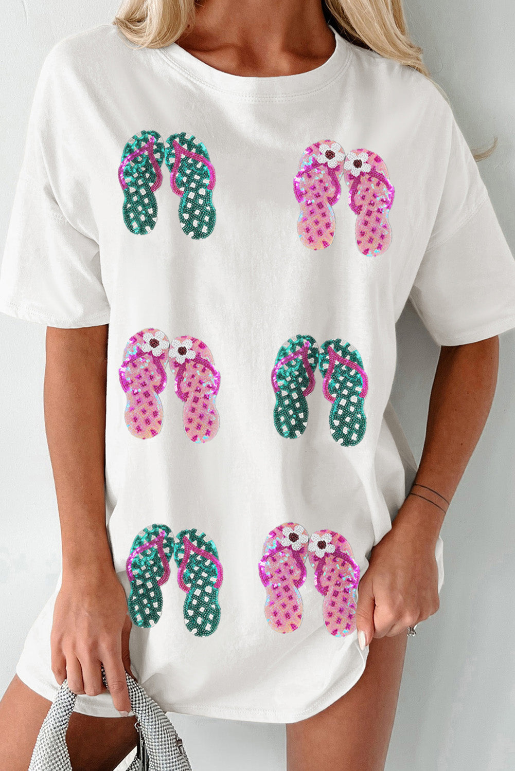 White Sequin Flip Flops Graphic Tunic T Shirt