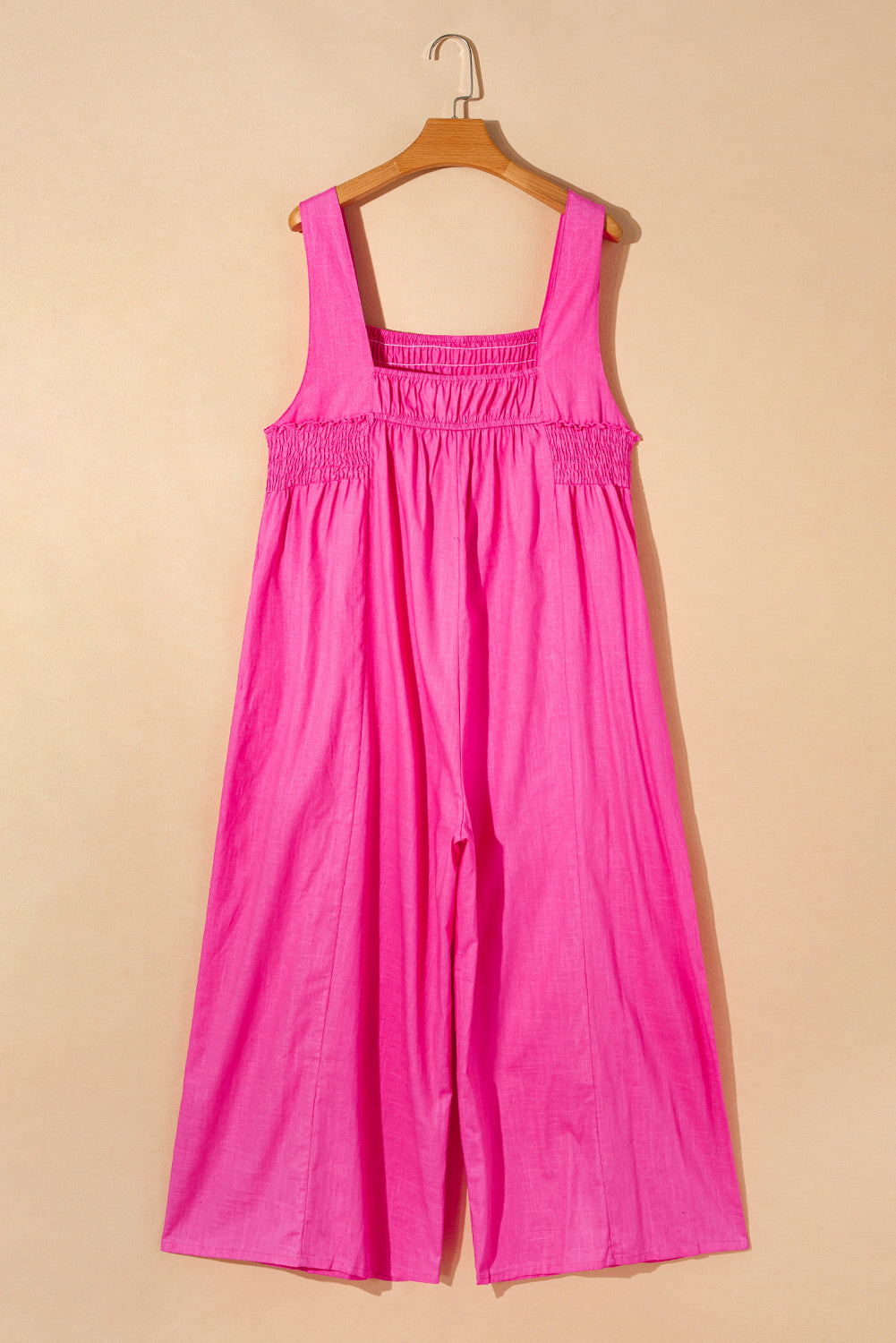 Strawberry Pink Wide Straps Smocked Detail Wide Leg Overalls