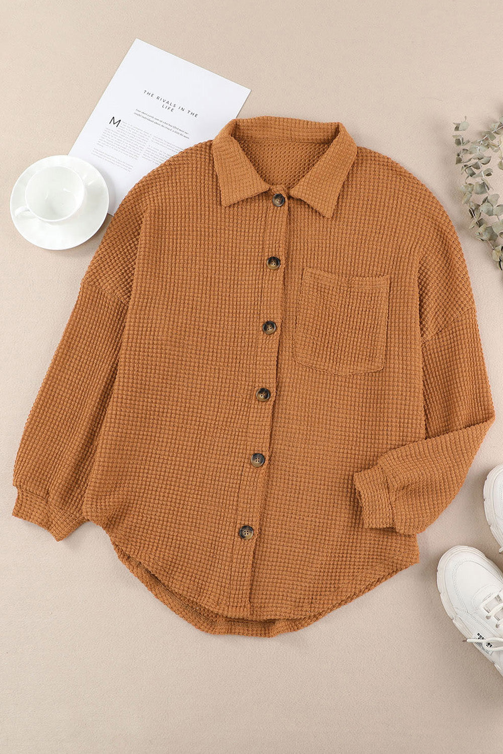 Pink Waffle Knit Button Up Casual Shirt