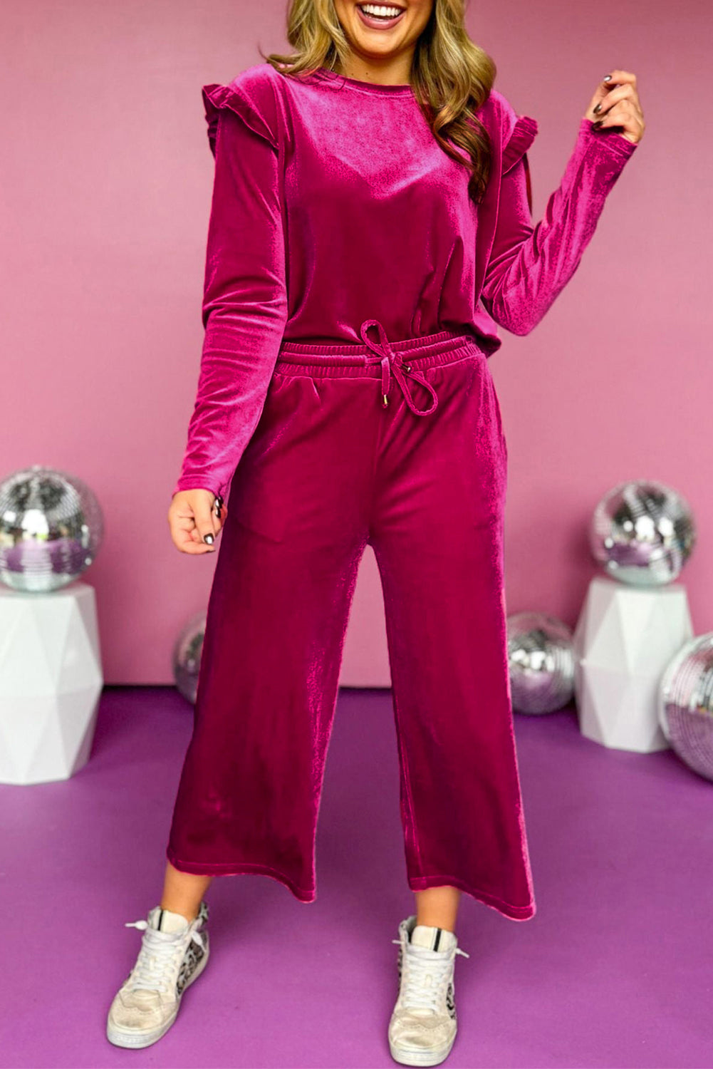 Solid Velvet Ruffled Two Piece Pants Set