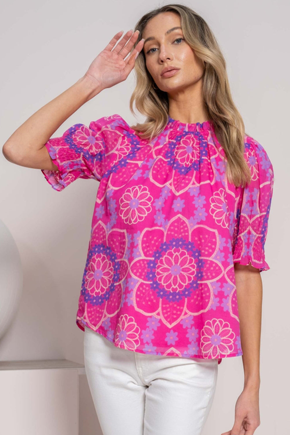 Floral Print Frilled Neck Smocked Puff Sleeve Blouse