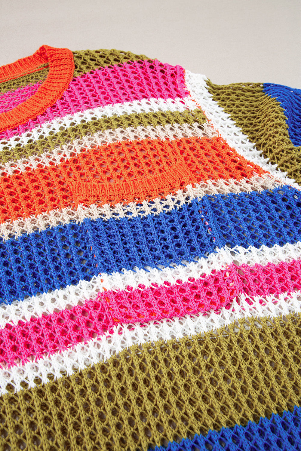 Striped Colorblock Hollowed Crochet 3/4 Sleeve Sweater