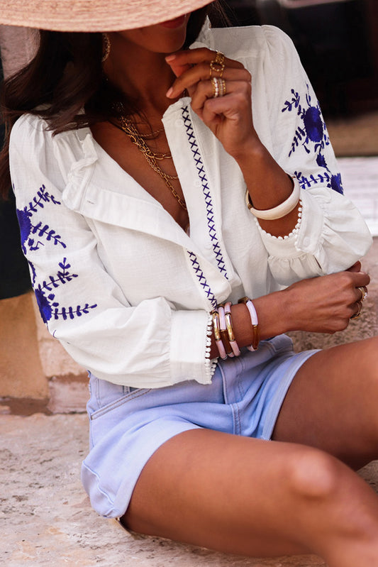 Floral Embroidered Bracelet Sleeve Shirt