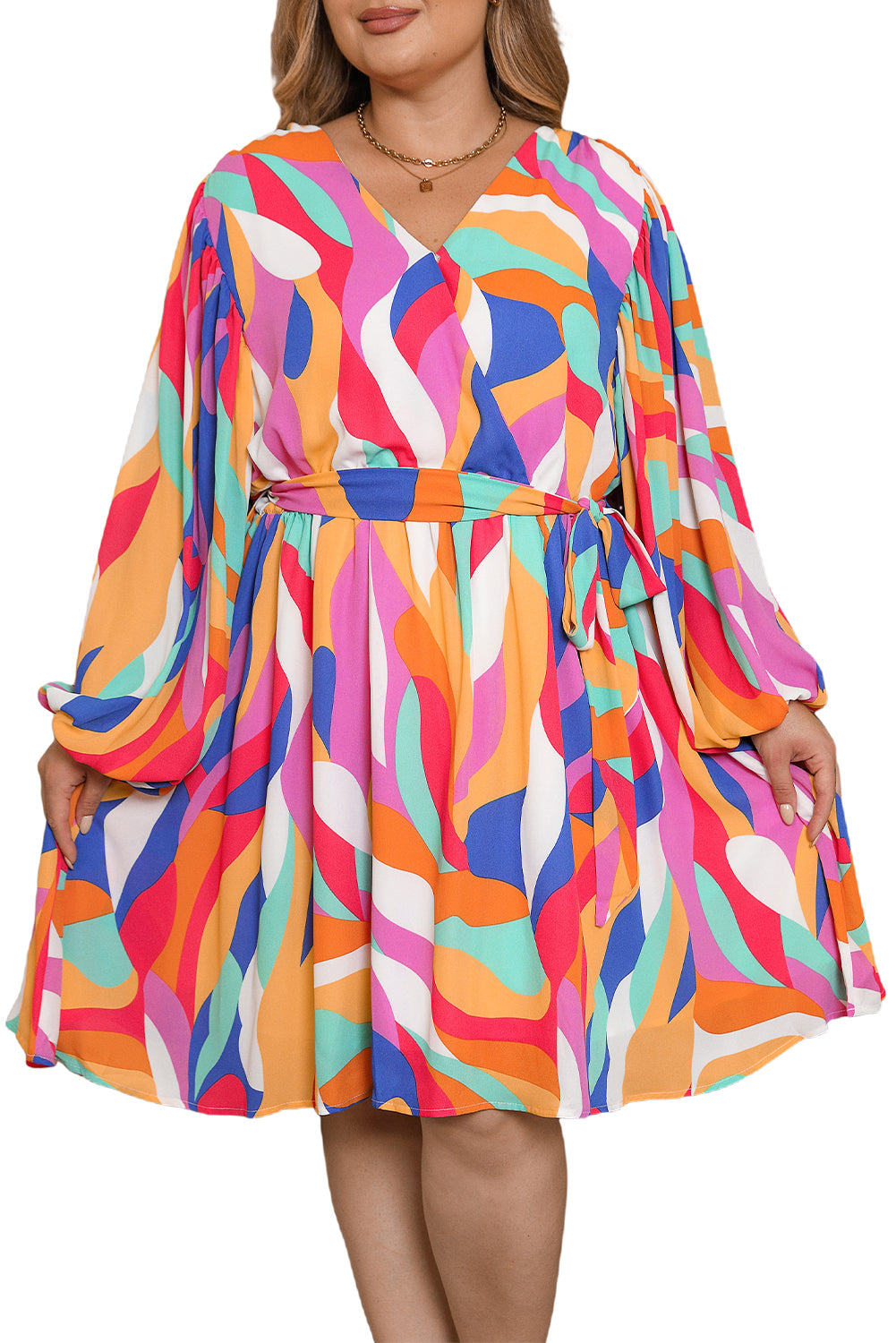 Multicolor Plus Size Abstract Print Oversized Sleeve Belted Dress